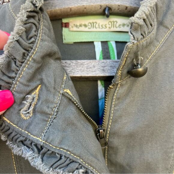 Miss Me Aztec Southwestern Stud Olive Canvas Military Jacket Ruffles LARGE - Picture 4 of 12